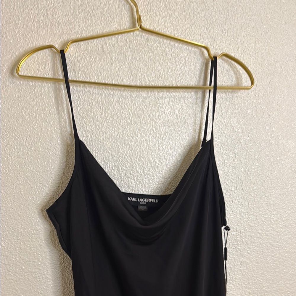 NWT-Karl Lagerfeld- Black asymmetrical silky Midi Dress- Size 12 - Picture 2 of 9